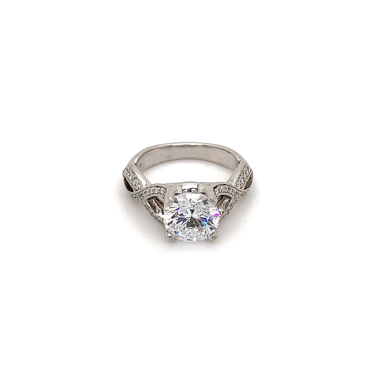 Platinum 7.5mm CZ Center and Diamond Engagement Ring