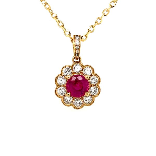Closeup photo of 18k Yellow Gold .96ct Burma Ruby and Diamond Pendant