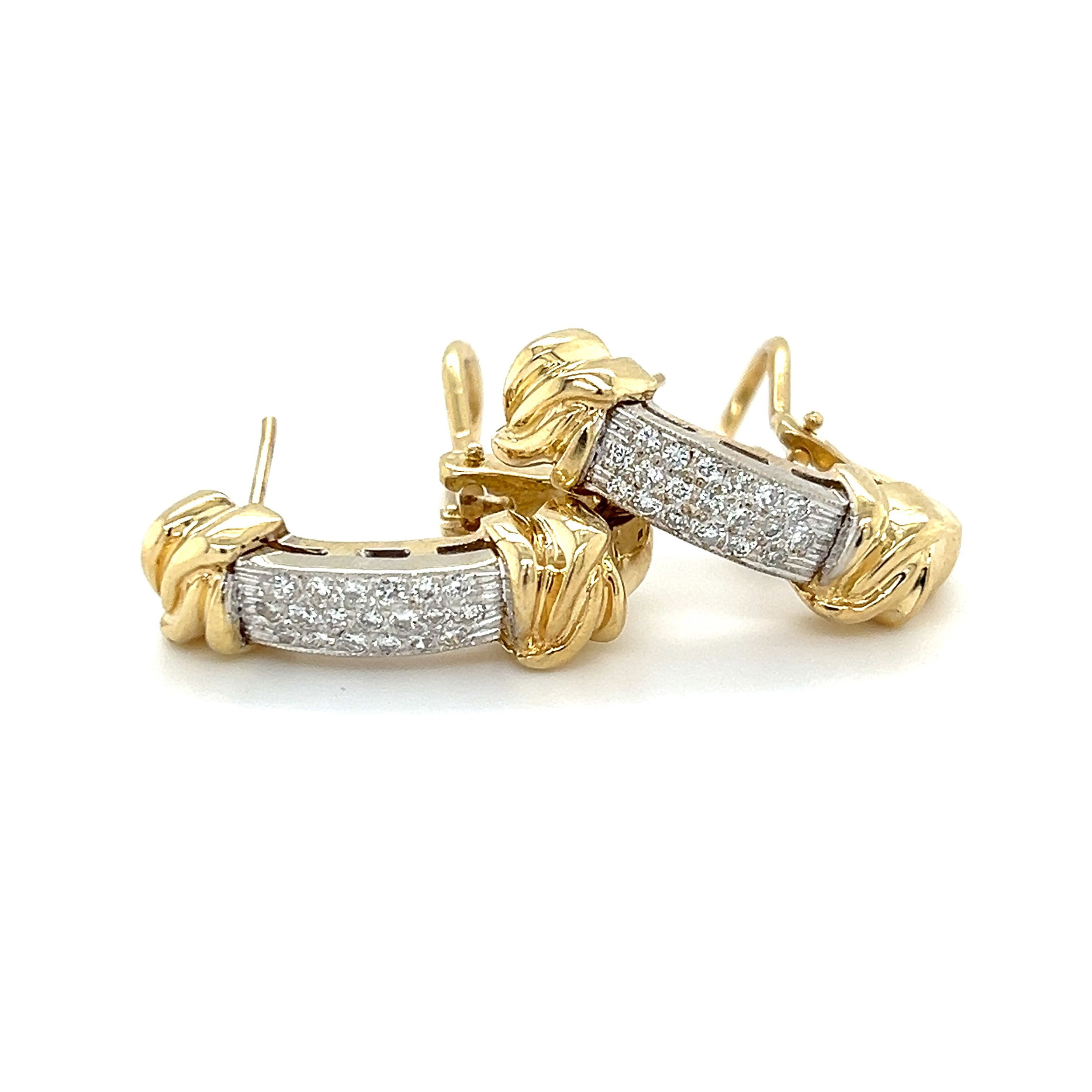 14k Two-Tone ~.75tw Diamond J-Hoop Omega Earrings