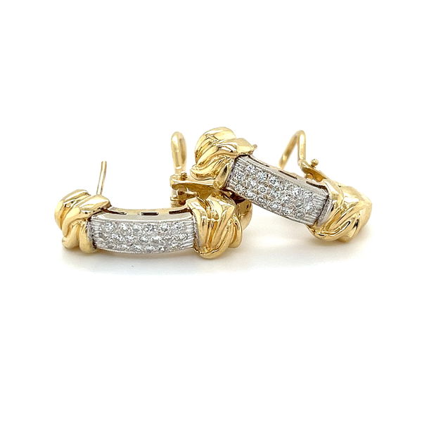 Closeup photo of 14k Two-Tone ~.75tw Diamond J-Hoop Omega Earrings