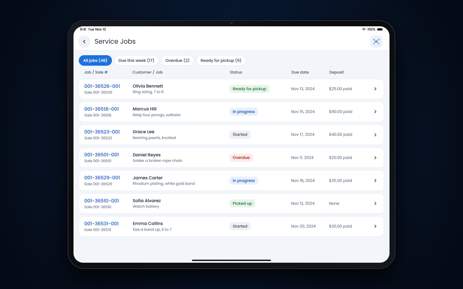 An iPad showing repair jobs in Flawless POS with a status, a due date and the deposit paid for each job.