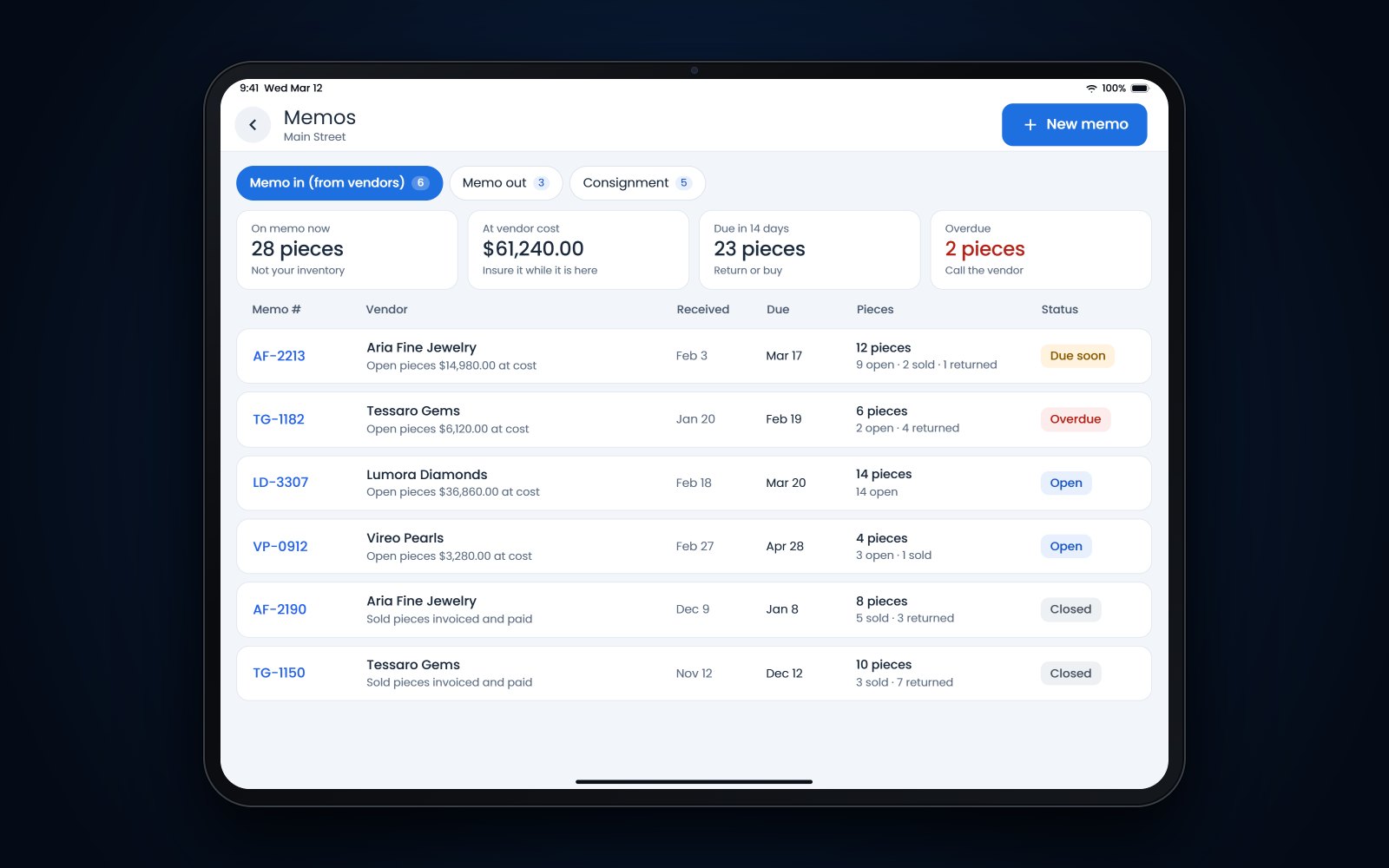An iPad showing memo goods from vendors in Flawless POS with received and due dates and how many pieces are open, sold or returned.
