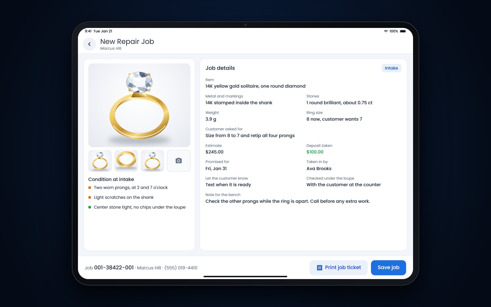 An iPad showing a new repair job in Flawless POS with photos of the ring, condition notes, the estimate, the deposit and the promised date.