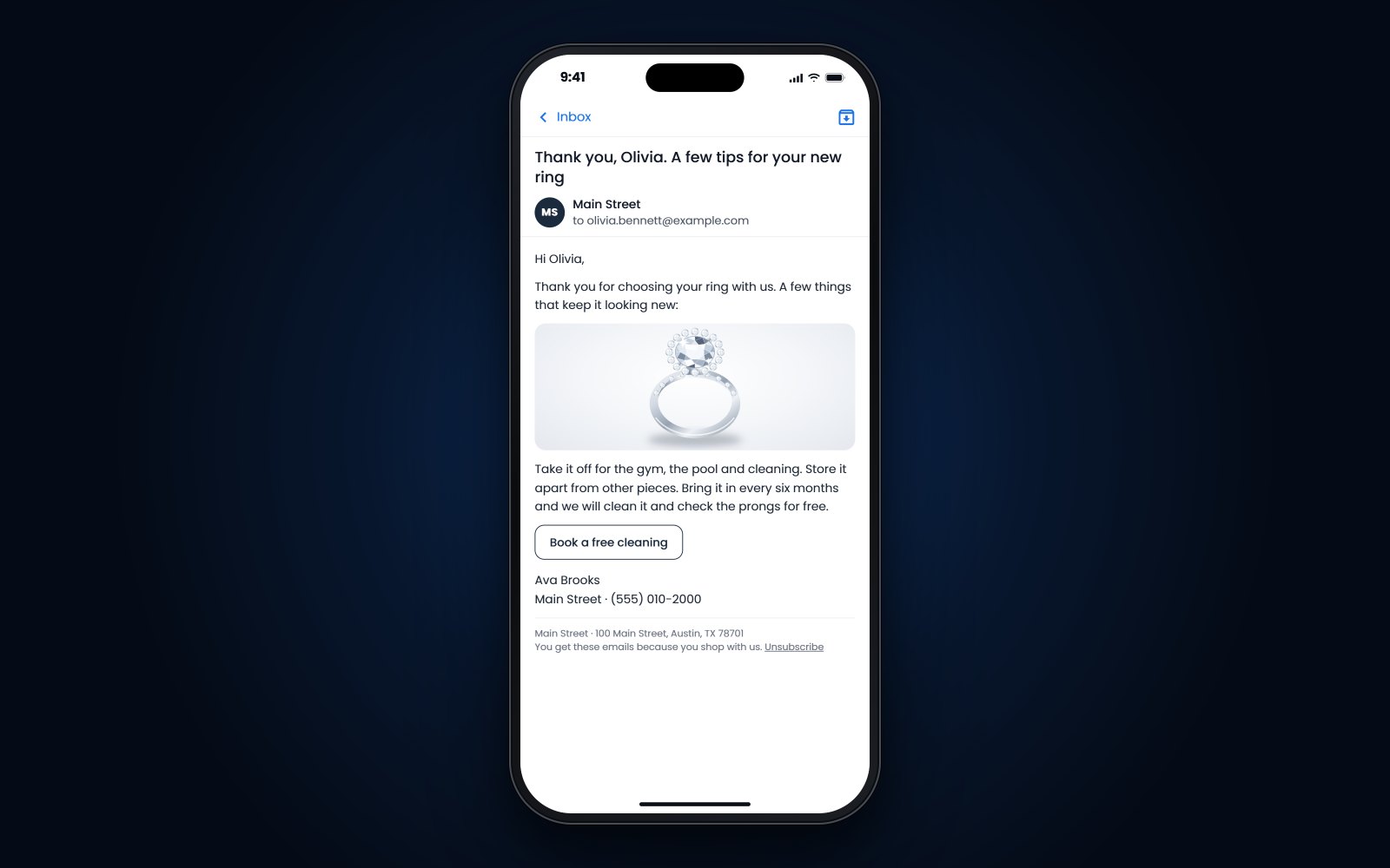 An iPhone showing a plain thank-you email from the store with care tips for a new ring.