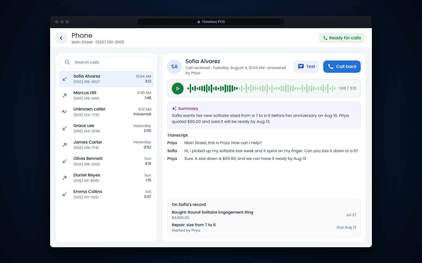 A browser showing the store phone in Flawless POS with recent calls and one call's recording, summary and transcript.
