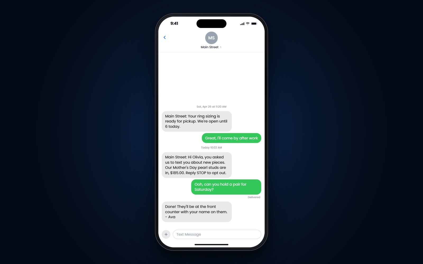 An iPhone showing a customer's texts from a jewelry store: a pickup notice, then a marketing text she asked for that ends with Reply STOP to opt out.