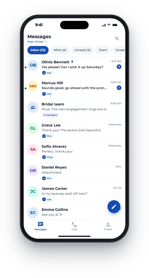 The Clientele team inbox on an iPhone, with conversations assigned to staff members