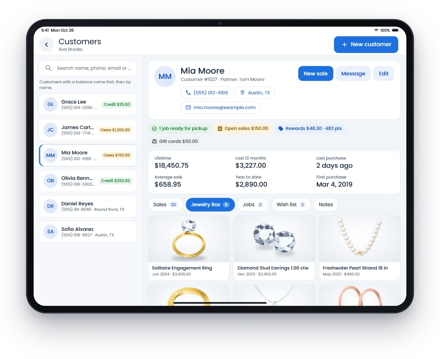 A customer record on an iPad: spending, balances, open repair, rewards and the pieces in her jewelry box