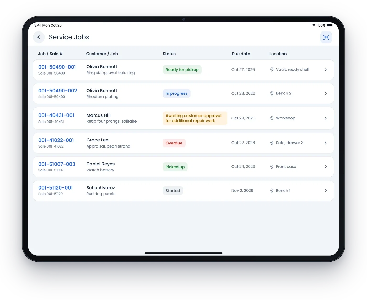 Service jobs on an iPad, each with its status, due date and where it sits in the store, such as Bench 2 or the vault