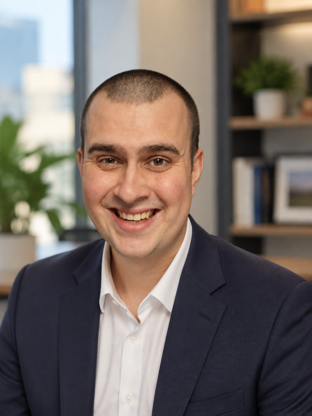Flawless POS Team Member Portrait – Ivan Yergiyev Smiling young man with short-cropped hair wearing a white button-up shirt against a dark background
