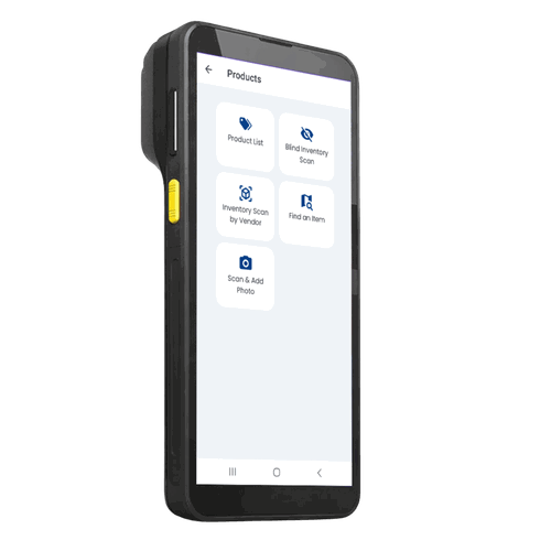 Handheld Android POS scanner displaying a Products menu with options: Product List, Blind Inventory Scan, Inventory Scan by Vendor, Find an Item, Scan & Add Photo