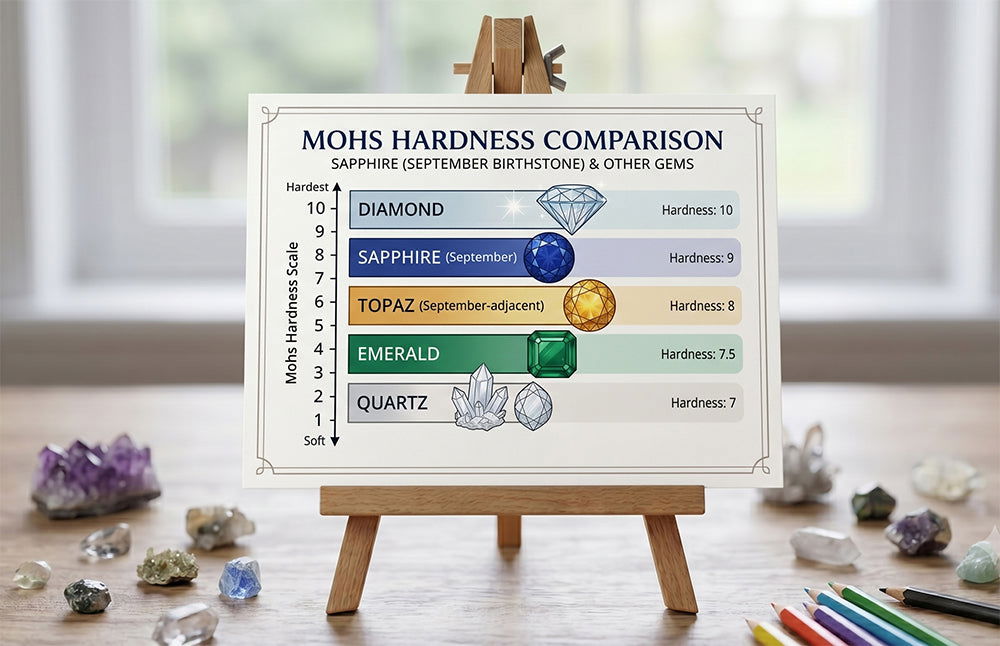 Mohs hardness scale comparing sapphire to diamond, topaz, emerald, and quartz