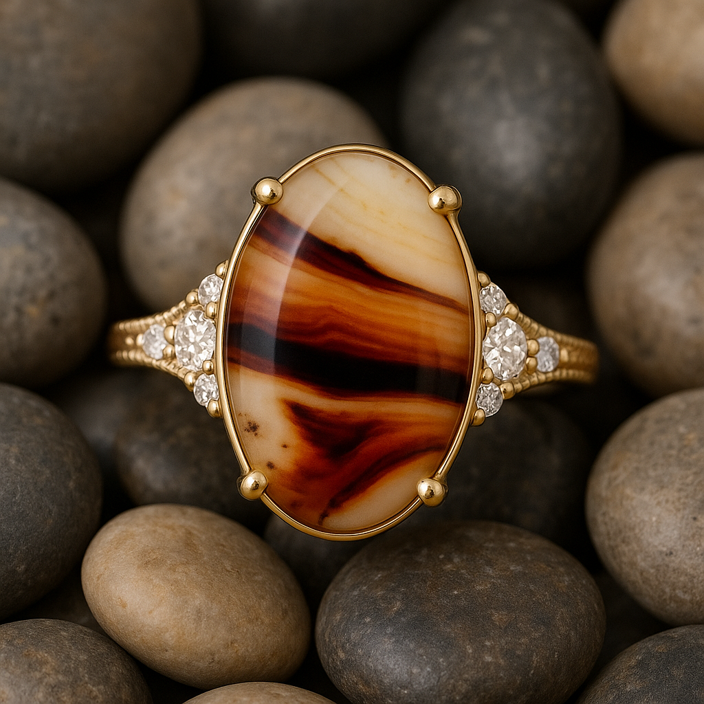 montana agate engagement ring showing signature earthly tones in a beautiful pattern
