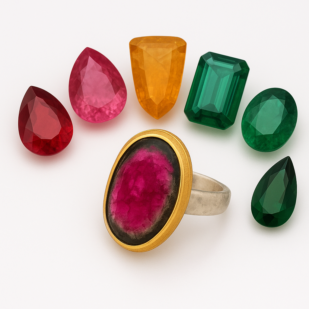 Multicolored tourmaline gemstones and a watermelon tourmaline ring in artistic layout.