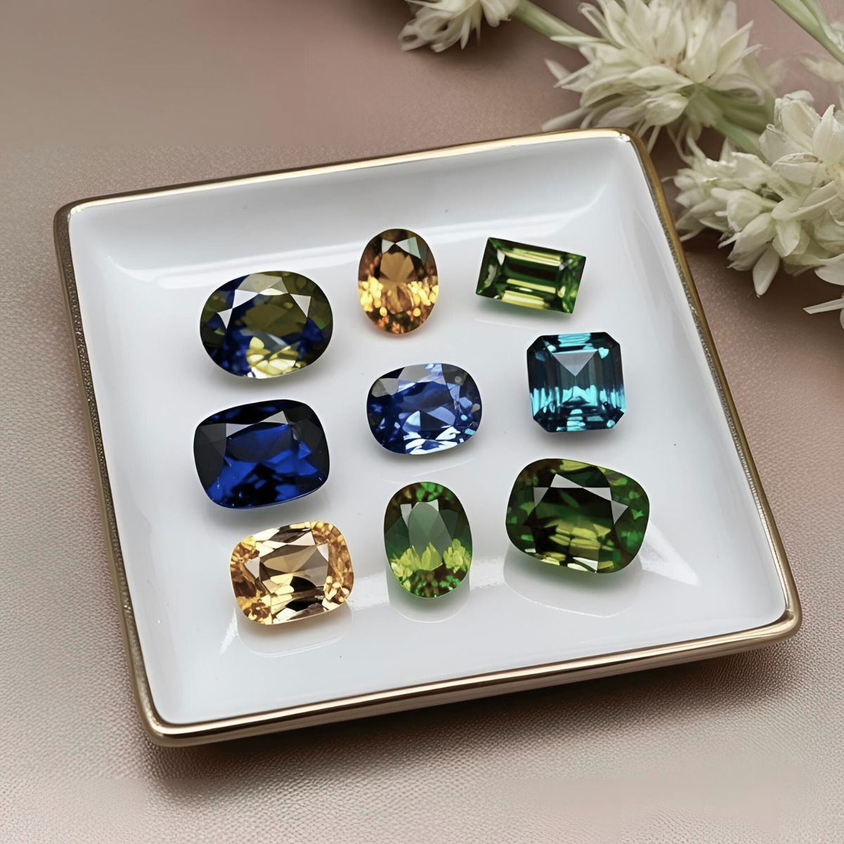 Loose Montana sapphires in various colors and cuts displayed in a jeweler’s tray