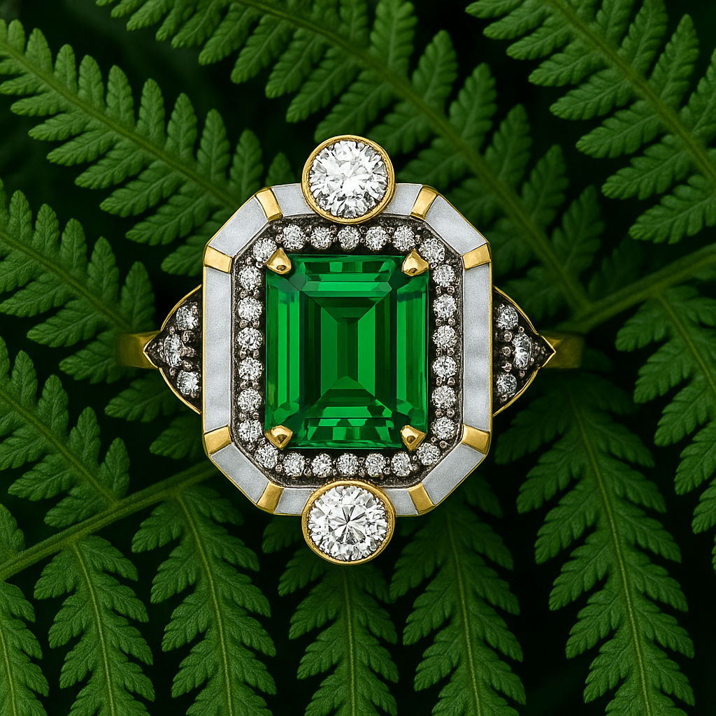 Bright green tsavorite garnet ring on hand holding a fern, symbolizing nature and durability.