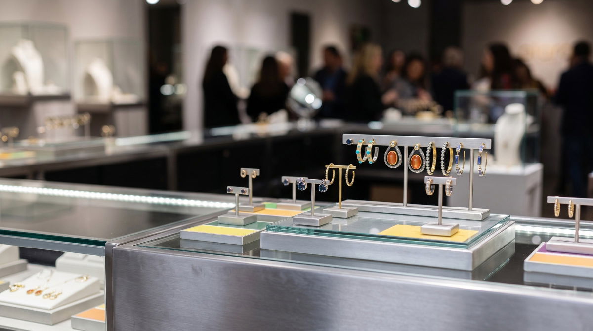 Curated ear collection display at Alara Jewelry featuring gold and silver stacking earrings from independent designers.