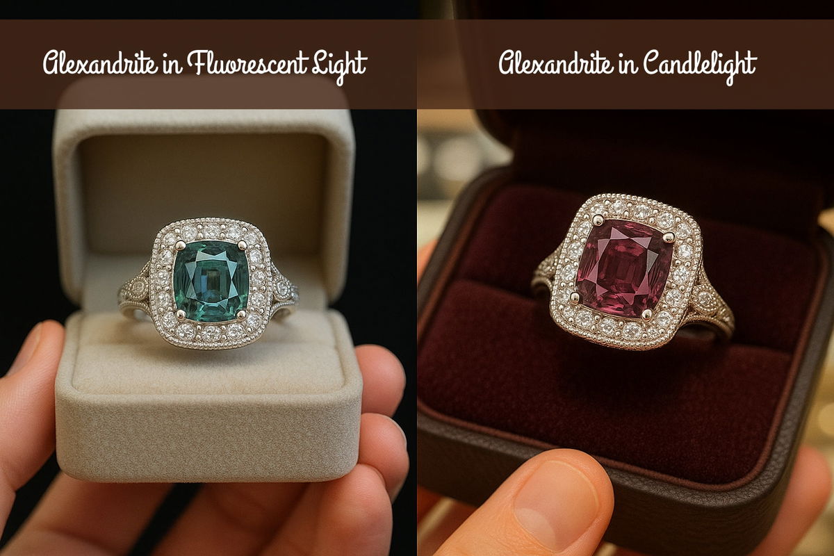 same alexandrite ring showing green in fluorescent light and showing red in candlelight
