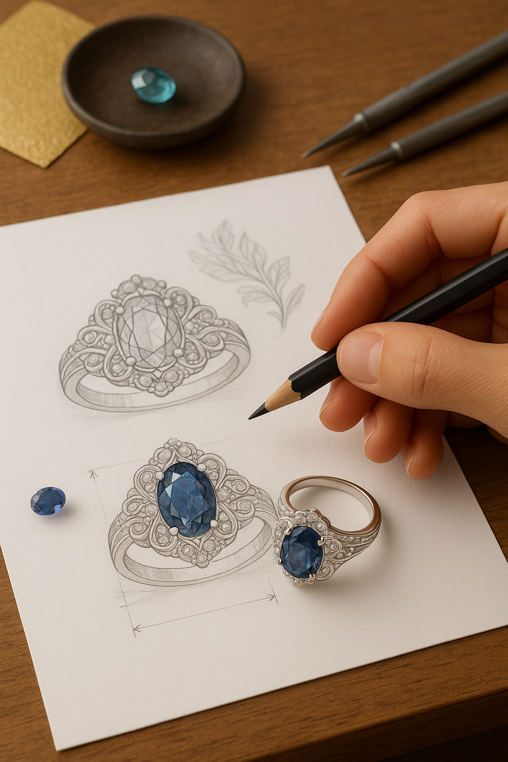 A jewelry designer’s hand sketching an ornate sapphire ring design on paper, with the finished silver and sapphire ring placed over the drawing, alongside loose gemstones and tools on a wooden workbench.