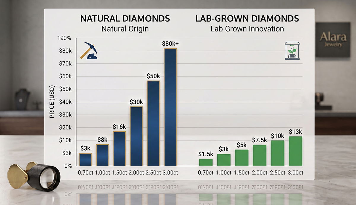 lab-grown versus natural diamond price comparison by carat size 2026