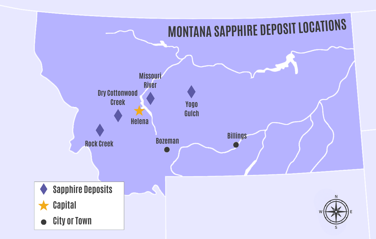 Montana map showing sources of Montana sapphires with major cities and rivers