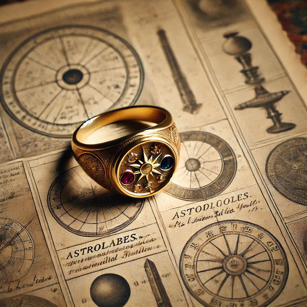 yellow gold and colored gem signet ring on old printed background