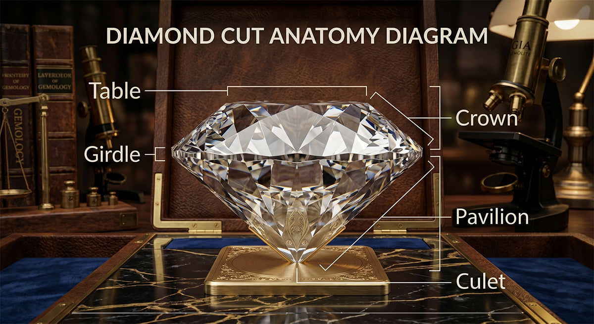 Diagram of diamond cut anatomy showing table, crown, girdle, pavilion, and culet