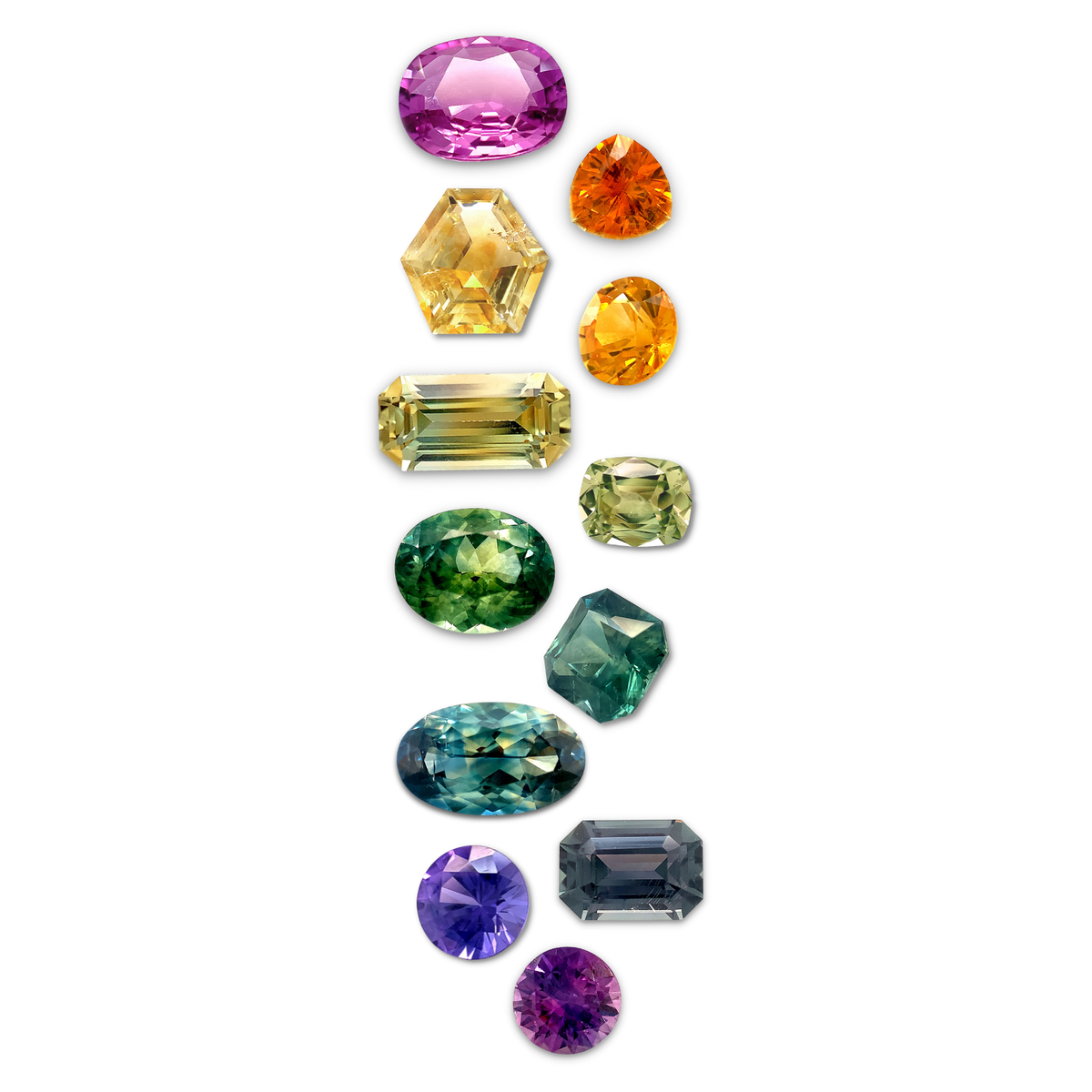 Color spectrum of sapphires including blue, pink, green, yellow, orange, and Padparadscha