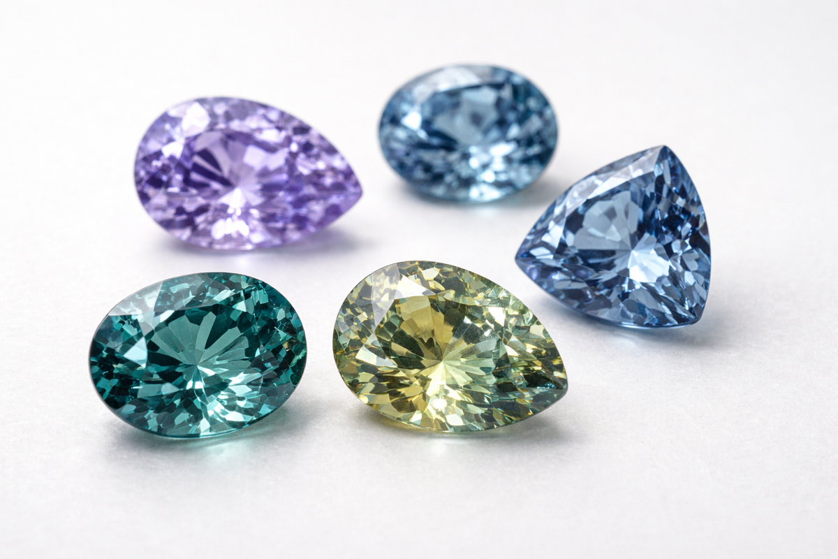 Loose Montana sapphires in teal, parti-color, and steel blue - ethically sourced by Alara Jewelry, Bozeman, Montana