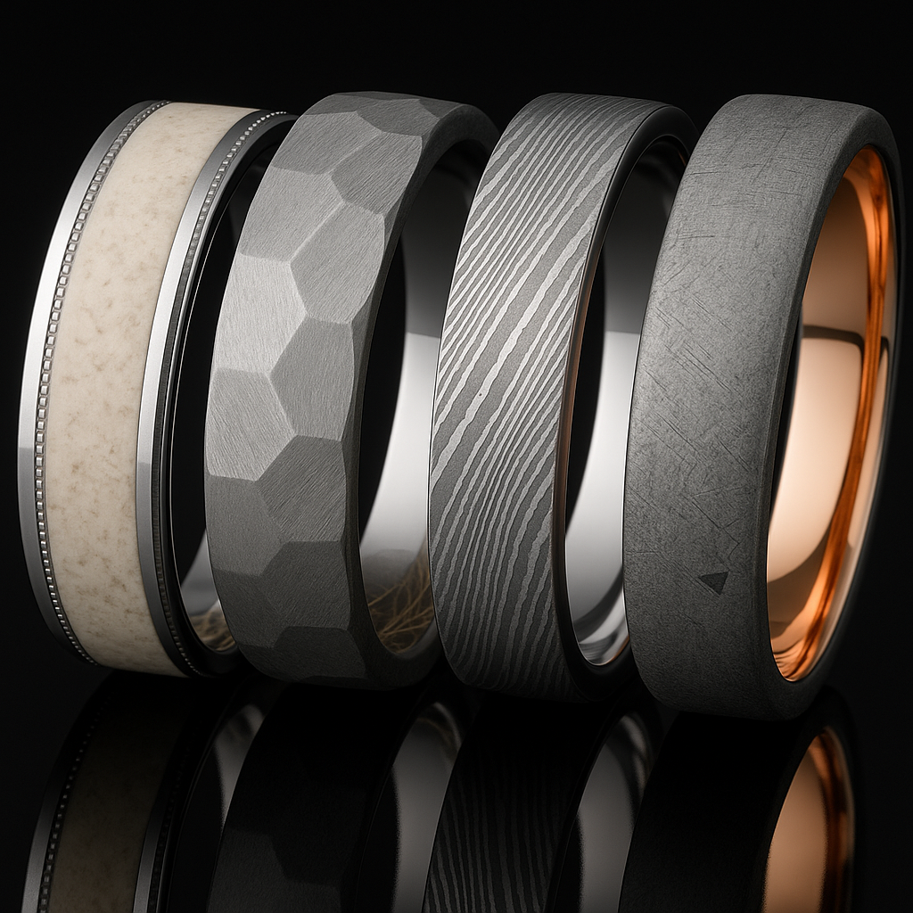 Tantalum with antler inlay, titanium, Damascus steel and meteorite with rose gold men’s wedding bands showcasing texture, pattern, and personality.