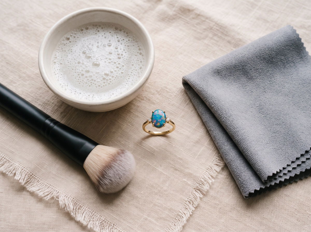 Safe opal cleaning supplies including mild soap, soft brush, and lint-free cloth.