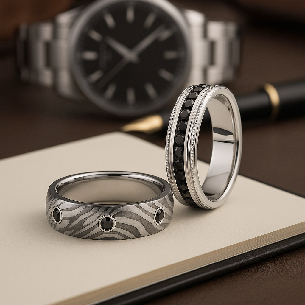 mmen's wedding bands set with black diamonds - proving gemstones aren’t just for engagement rings.