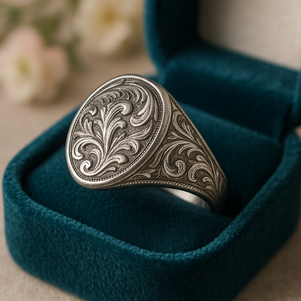platinum oval signet ring with intricate engraving as engagement ring