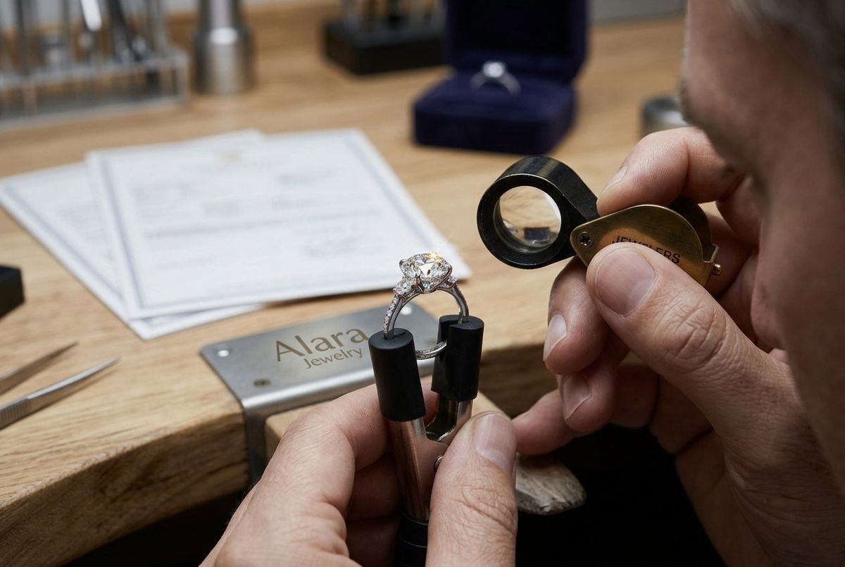 jeweler inspecting a diamond ring with a loupe for appraisal