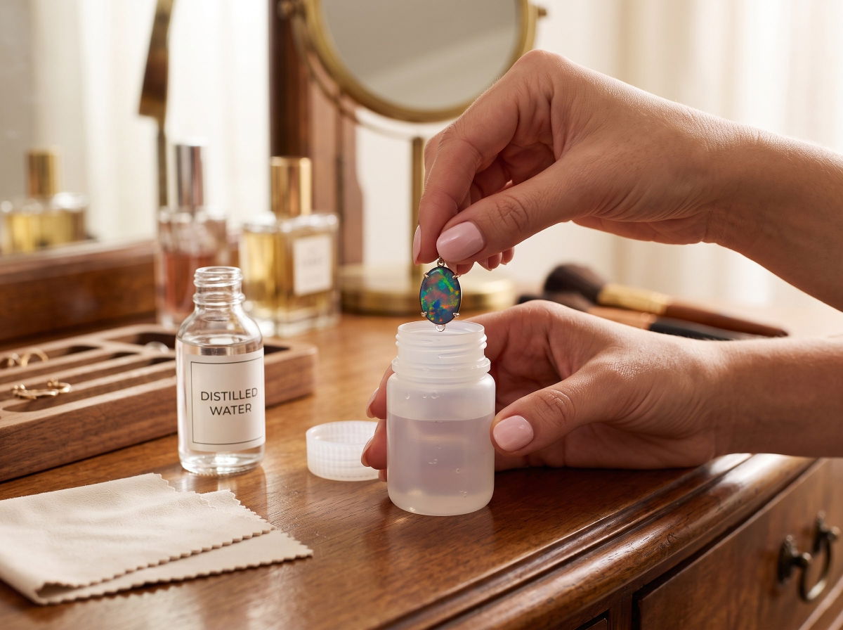 Opal jewelry stored safely in a soft screwtop container with distilled water away from heat.