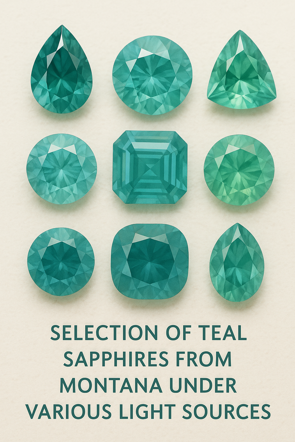 Group of Montana teal sapphires under various light sources