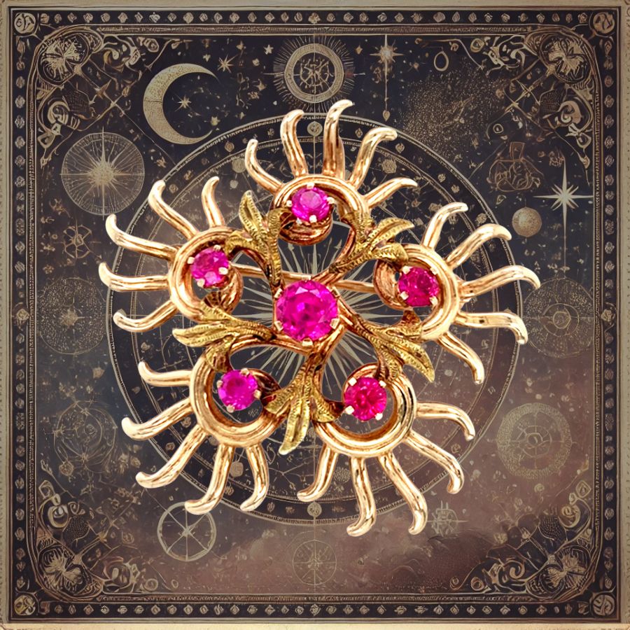 antique ruby starburst pin on a celestial background