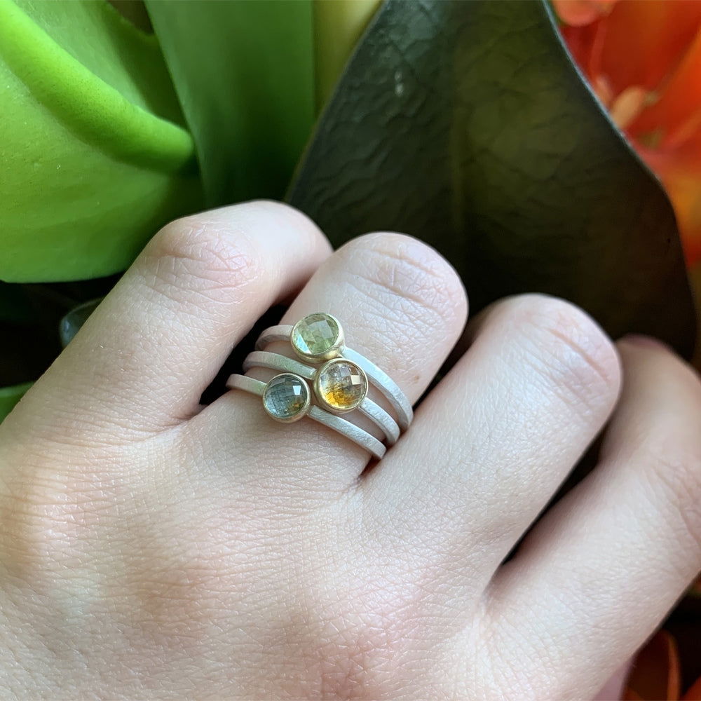 montana sapphire rose cut silver and gold stacking rings