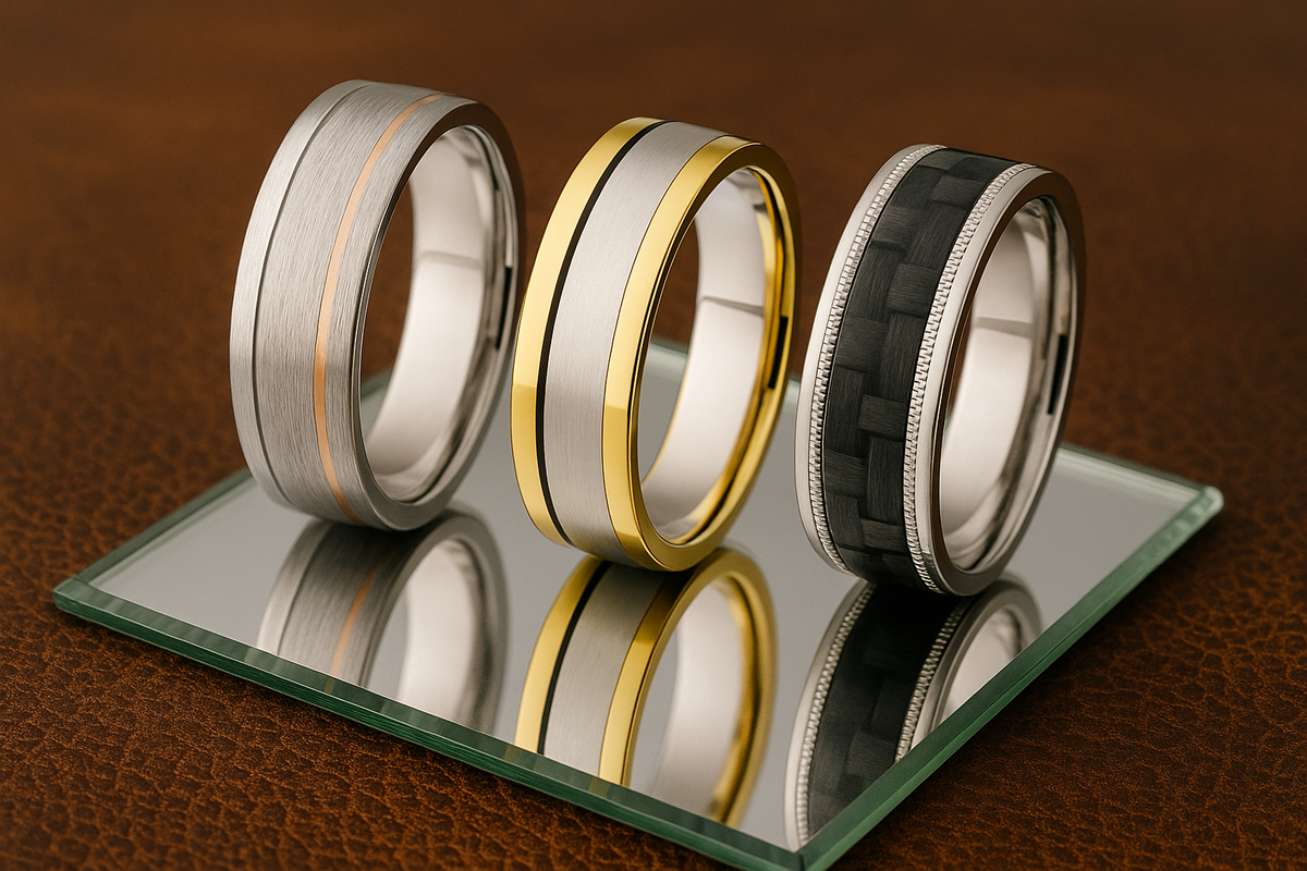 Three mixed-metal men’s wedding bands showing off bold metal contrasts and layered design.