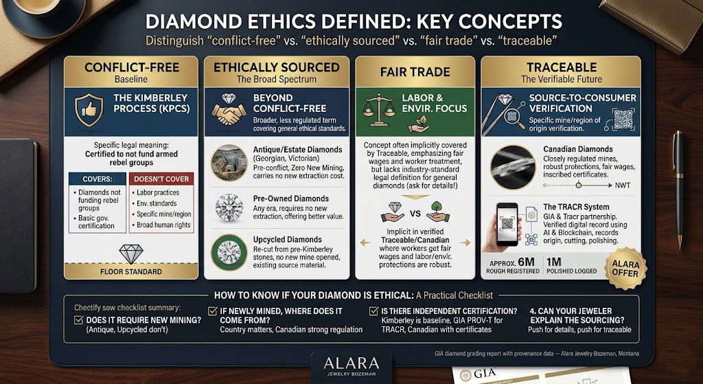 Infographic: difference between conflict-free, ethically sourced, fair trade, and traceable diamonds - Alara Jewelry
