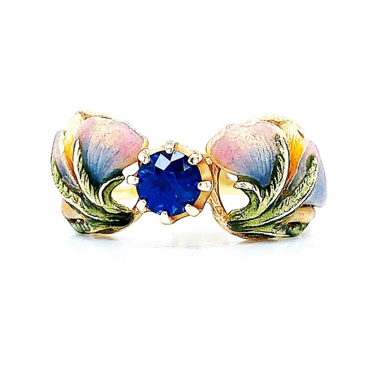 Art Nouveau-inspired engagement ring with plique-à-jour enamel and floral motifs