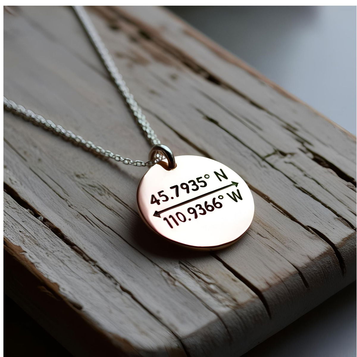 Handcrafted custom pendant engraved with geographic coordinates