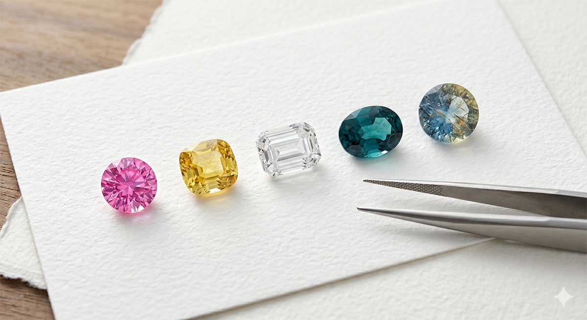 Sapphire color range including pink, yellow, white, teal, and parti-color stones