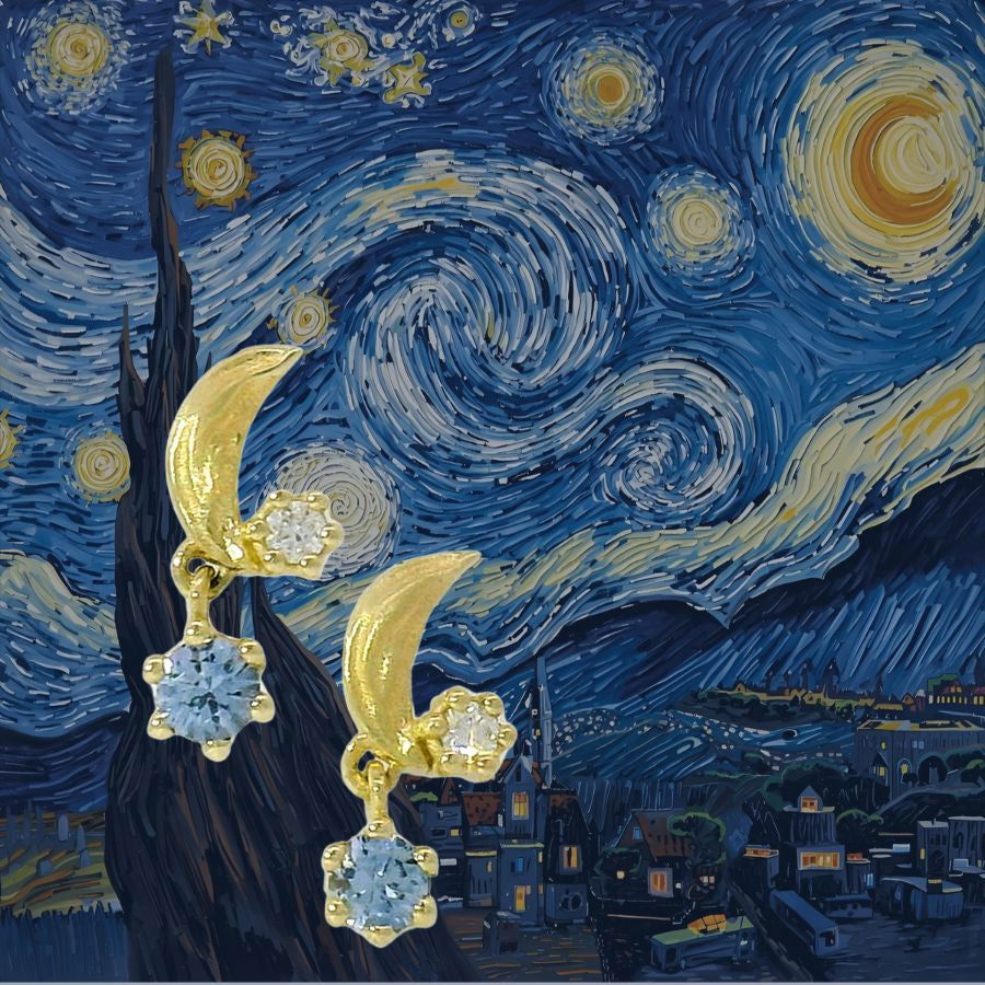 starry night sapphire and diamond earrings in front of starry night van gogh painting