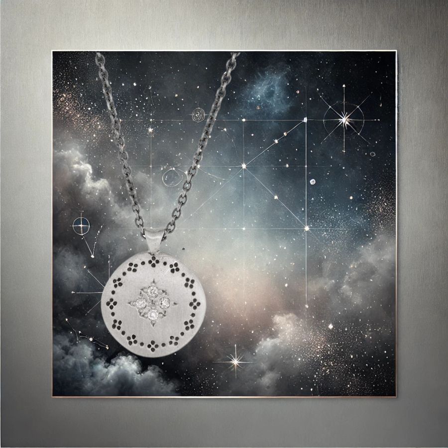 sterling silver and diamond constellation pendant in front of a celestial background