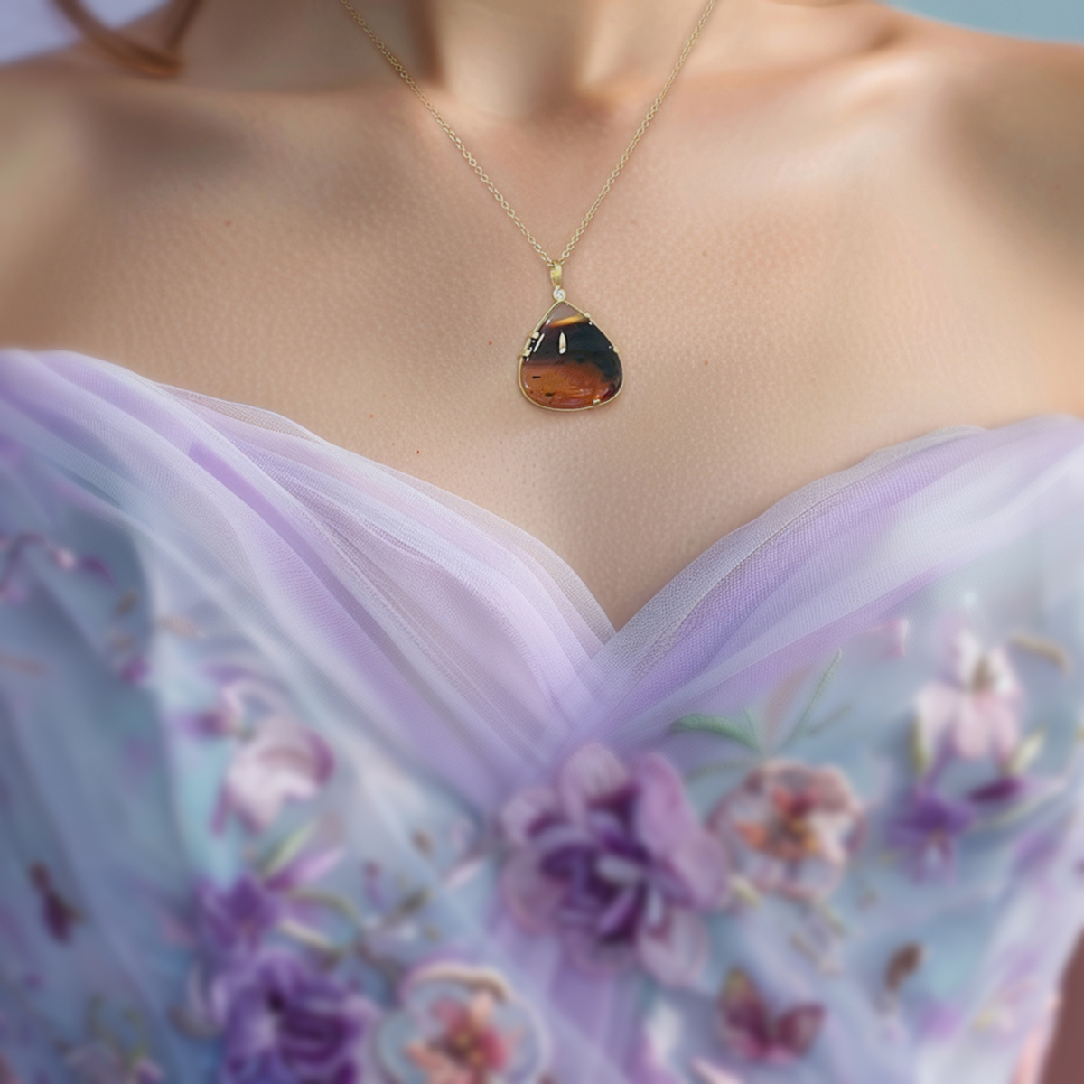 Sweetheart neckline styled with a short, curved necklace for a balanced, feminine look.