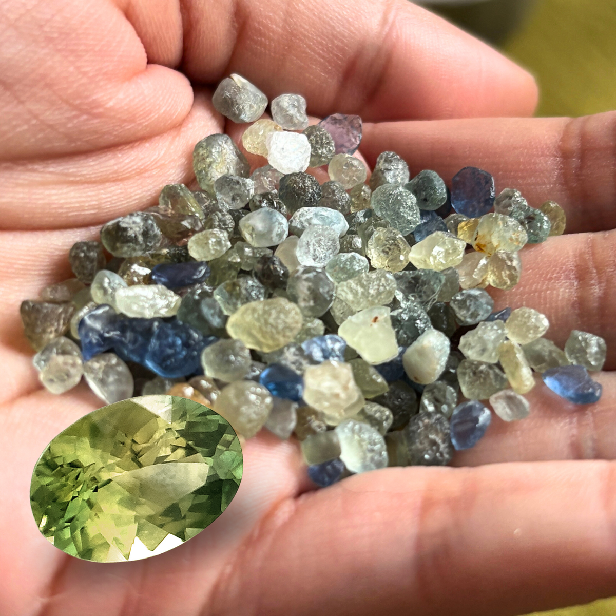 Uncut sapphire crystal next to a polished gemstone to illustrate transformation and value