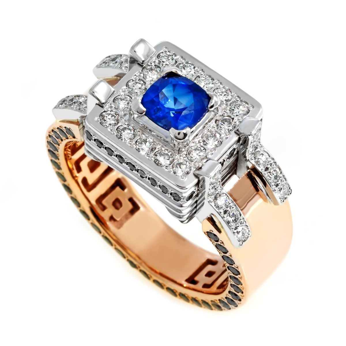 Dramatic Retro engagement ring inspired from the 1940s in rose gold with pave design