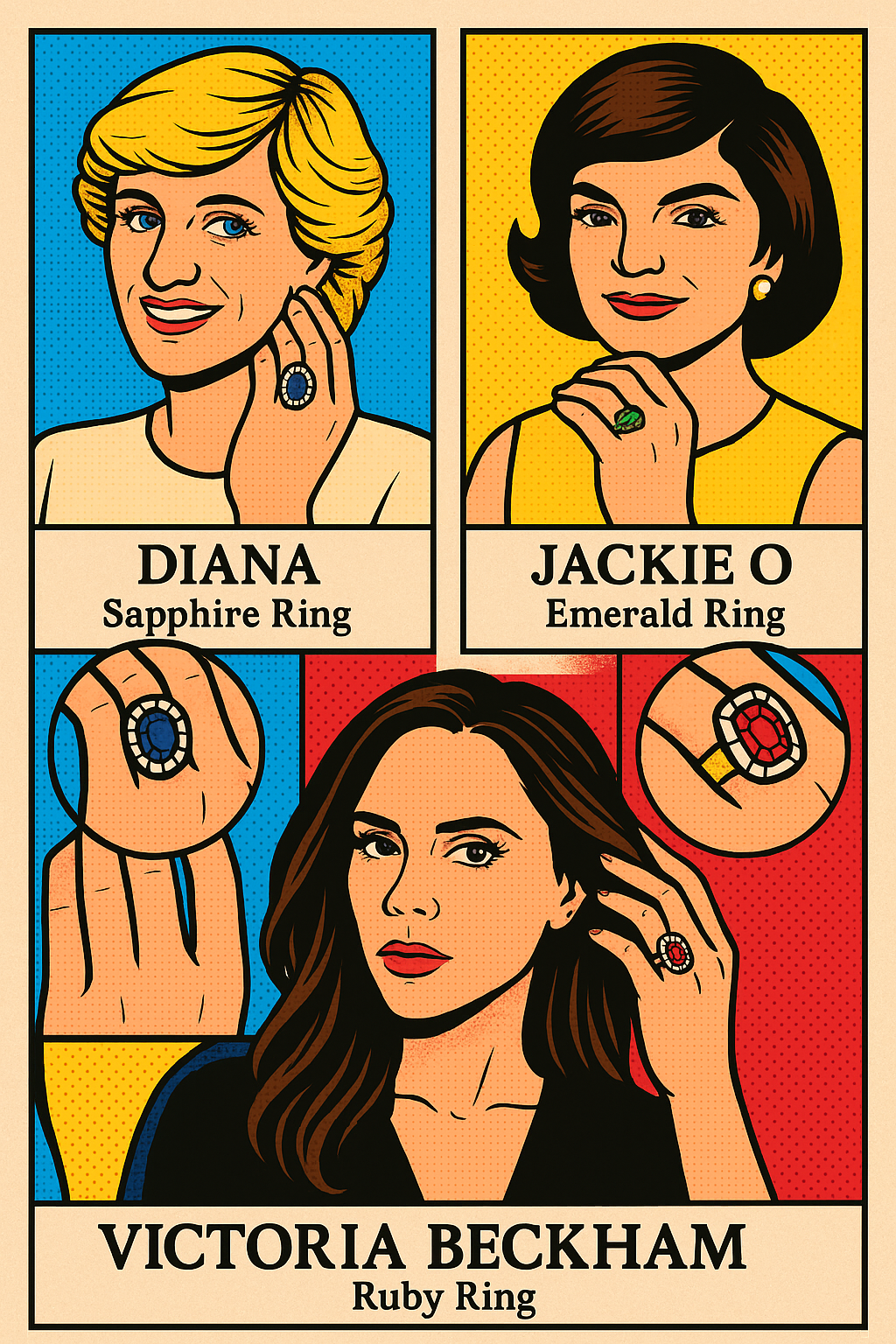 Iconic celebrity engagement rings featuring sapphires Princess Diana and Princess Katherine, emeralds Jackie Kennedy, and rubies Victoria Beckham.