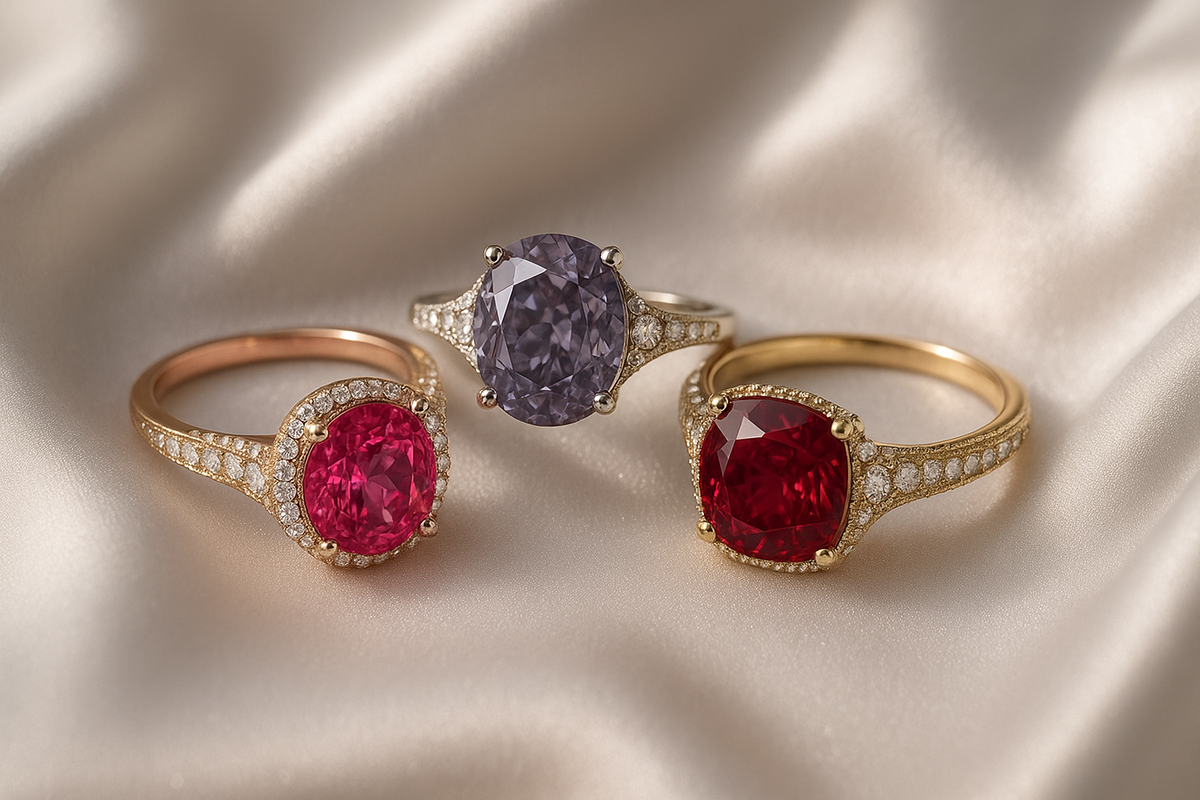 Assorted spinel rings in various vibrant colors displayed on white silk.